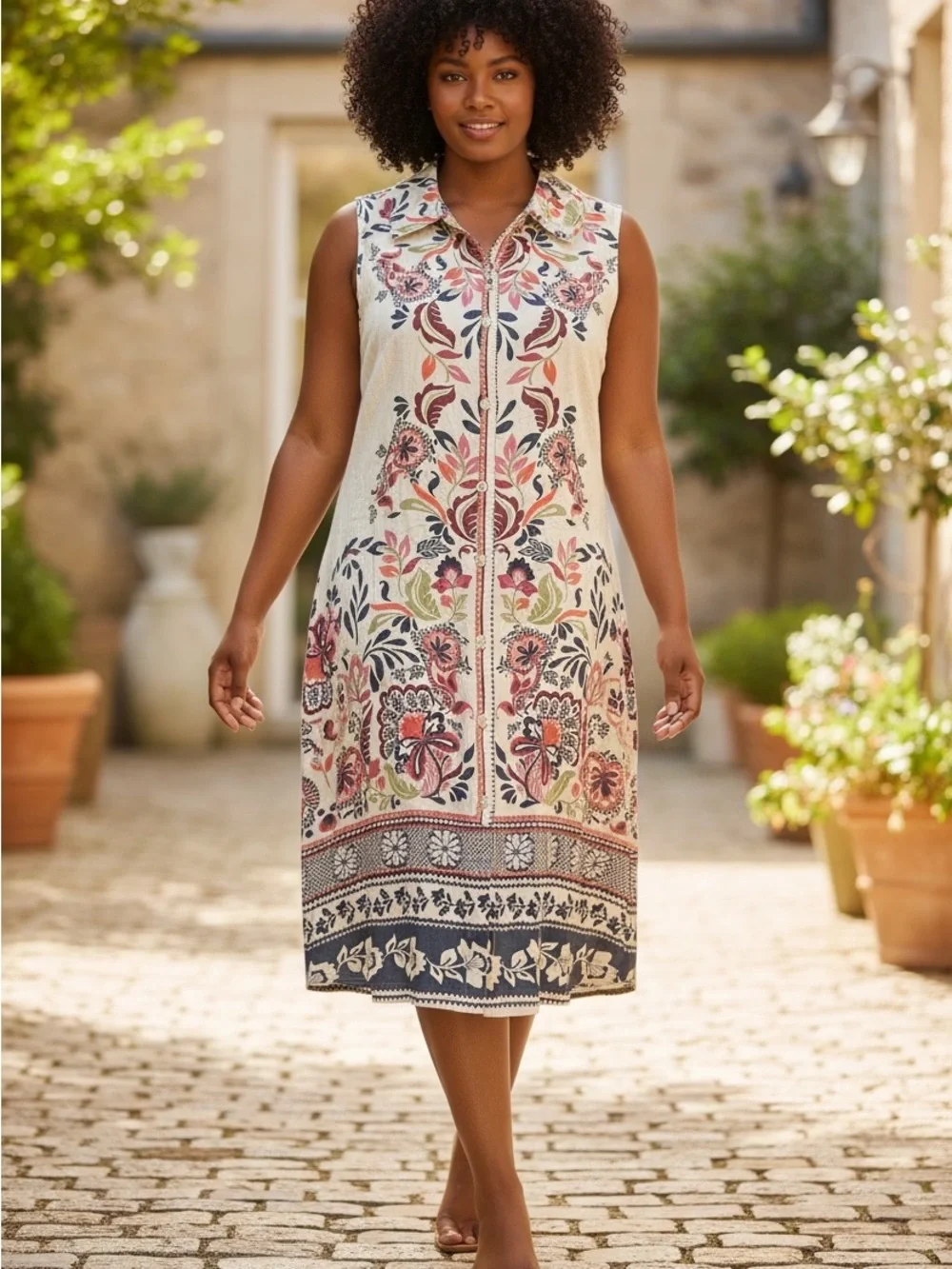 Fig & Flower linen Sleeveless A Floral Midi Dress in Cream and Multicolor NEW